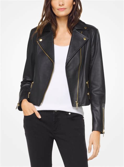 michael kors women's black leather motorcycle jacket|michael kors perforated leather jacket.